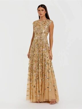 Mac Duggal 5647 Gold Sequin High Neck Cap Sleeve A Line Gown Size 12 NWT